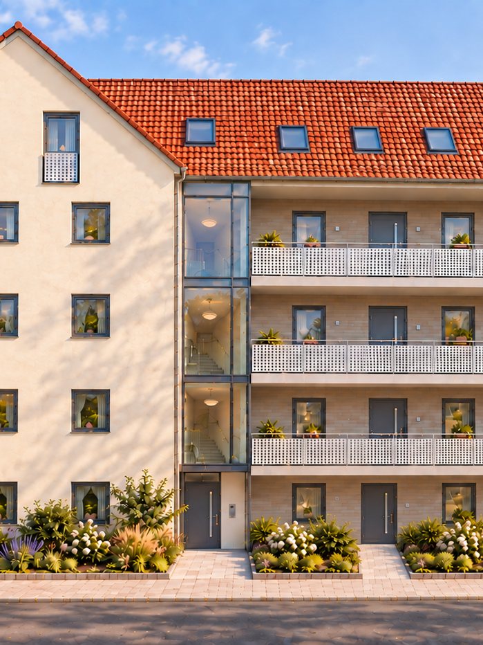 Alpine Living Peißenberg — Außenansicht des Neubaus im Abendlicht, Visualisierung